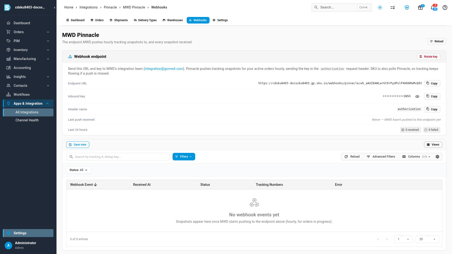 The webhook URL and inbound key to send to MWD