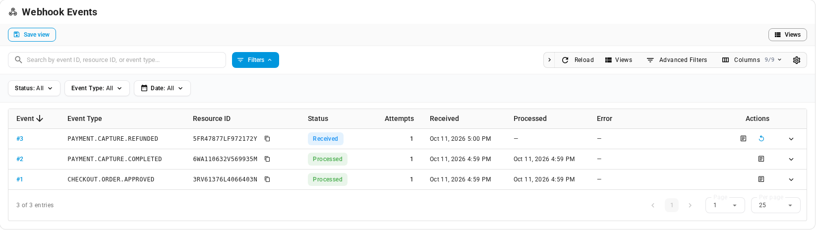 The Webhook Events tab with three updates: an approved order and a completed payment, both Processed, and a refund update still at Received