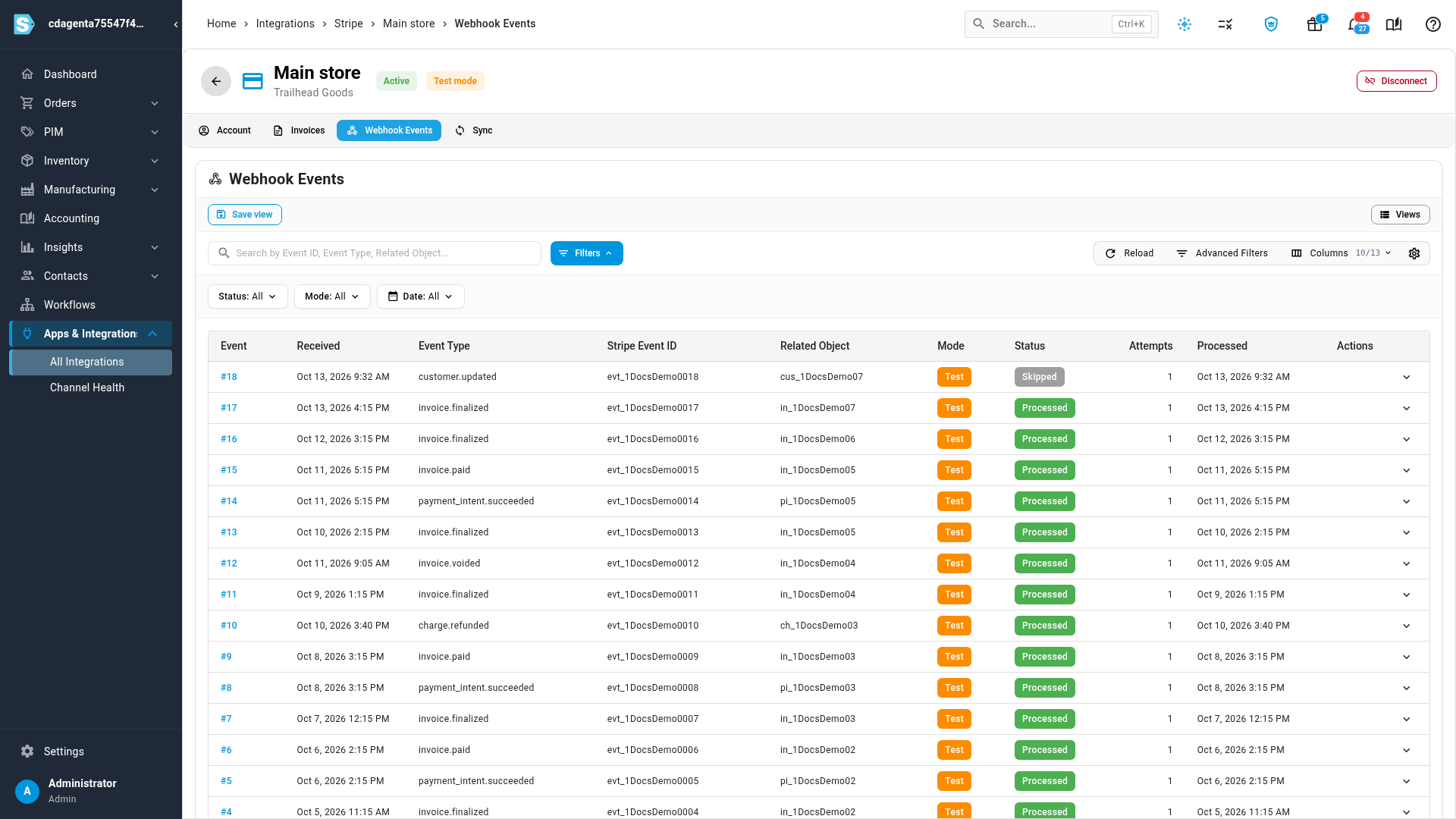 The Webhook Events tab of a Stripe account