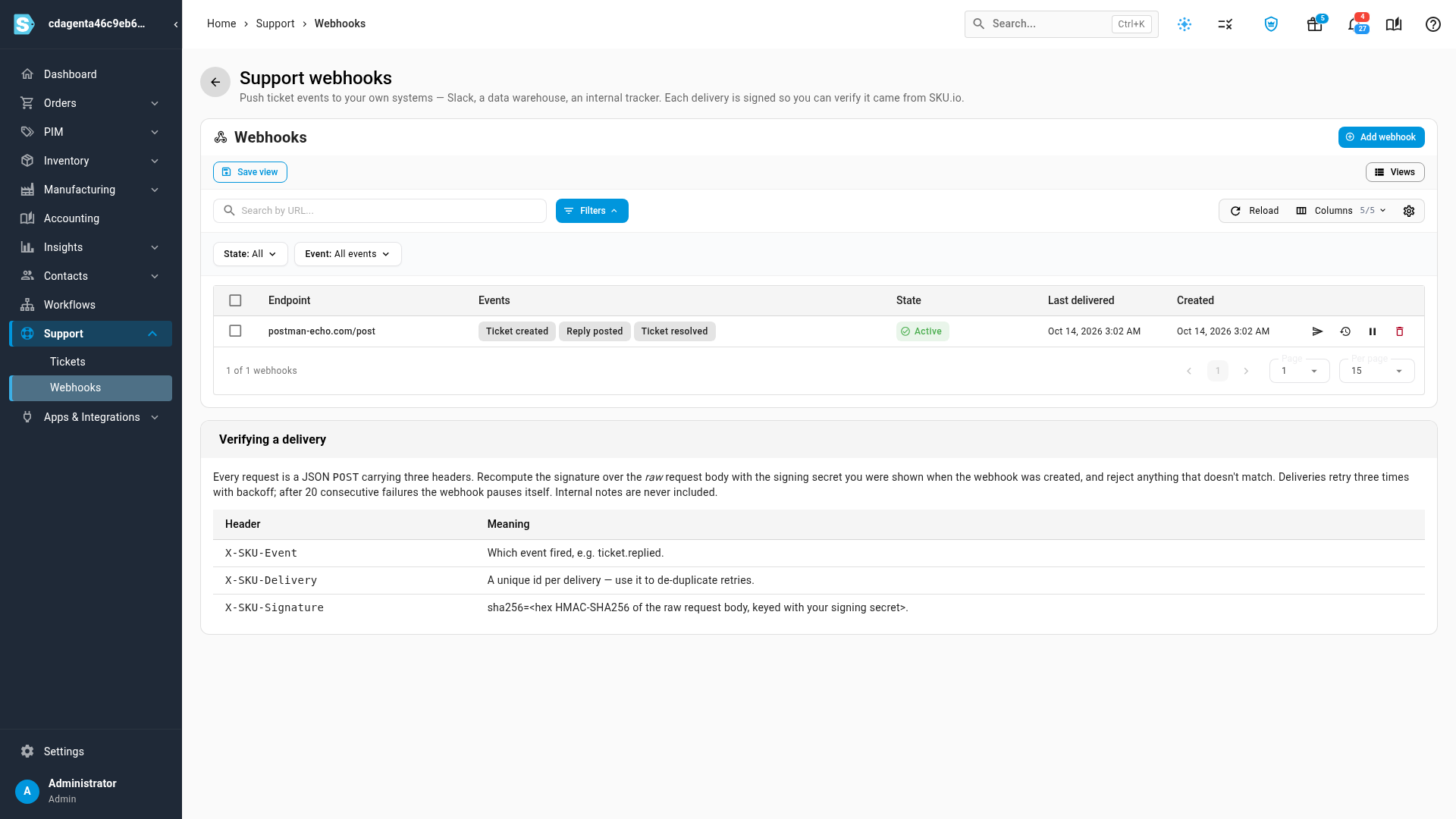 The webhook listed as Active, after a test delivery