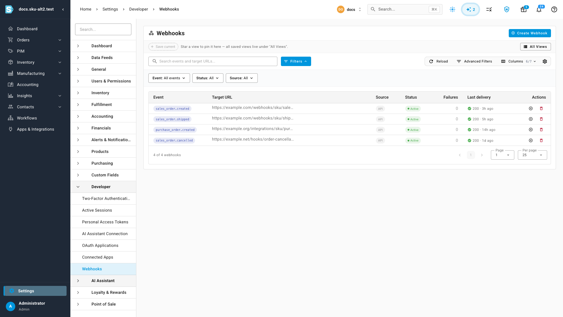 The Webhooks list showing five subscriptions with their event, target URL, source, status, failures, and last delivery