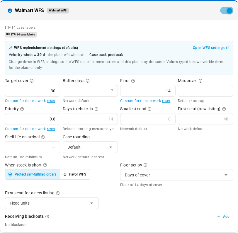 The Walmart WFS card with the WFS replenishment settings box: a velocity window of 30 days, the product's case pack, and the note that values typed below override them for the planner only