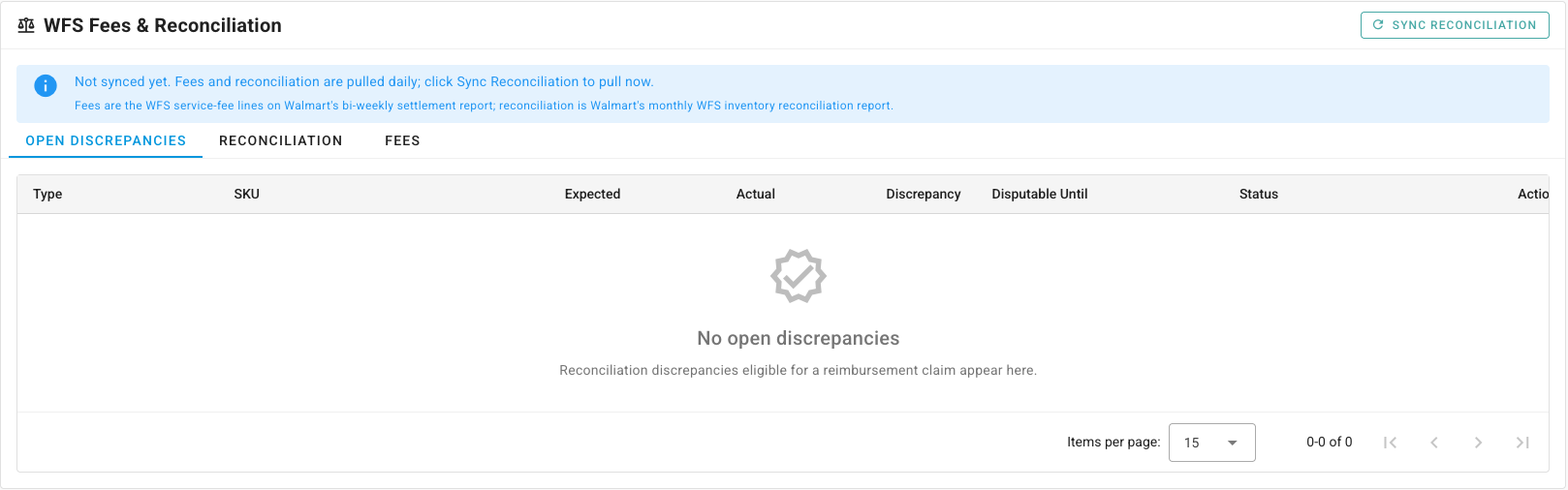 The WFS Fees & Reconciliation page