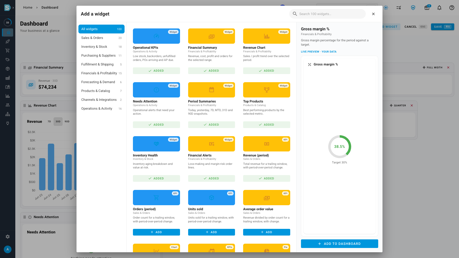 The widget picker with categories on the left, a searchable gallery of widgets, and a live preview of the selected widget on the right
