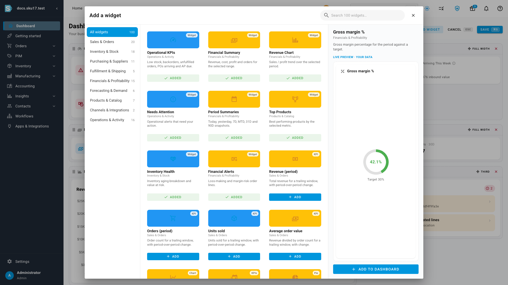 The widget picker: categories on the left, a searchable gallery of widget cards, and a live preview of the selected widget on the right