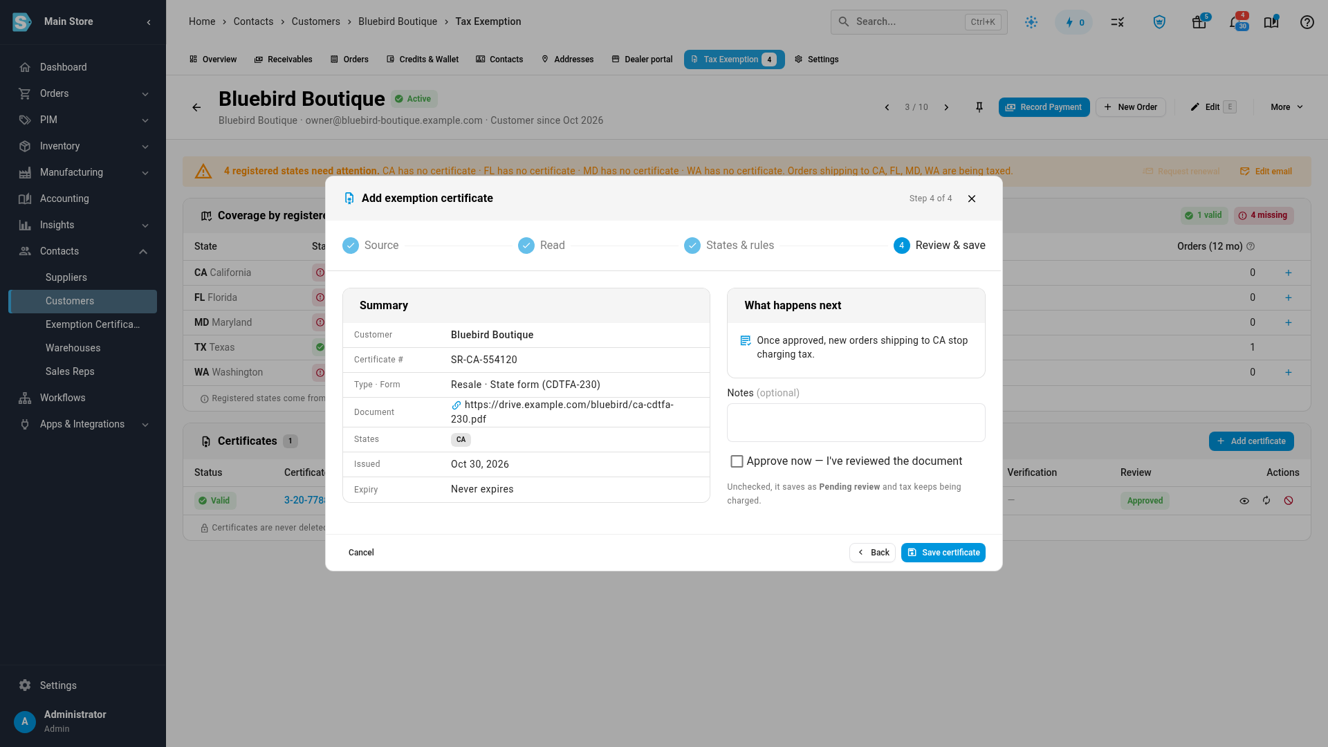 The Review & save step: the Summary, What happens next, and Approve now