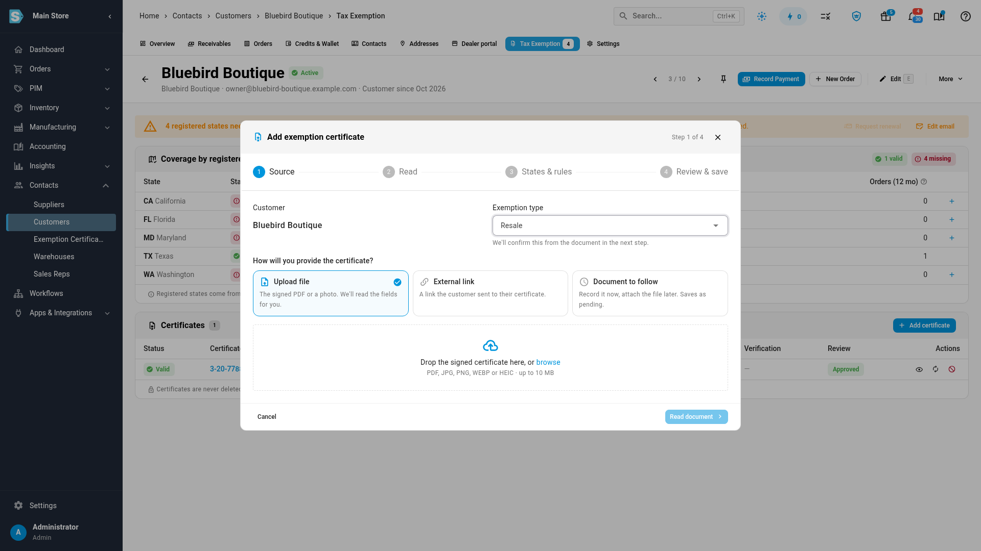 The first step of Add exemption certificate, with Upload file, External link and Document to follow
