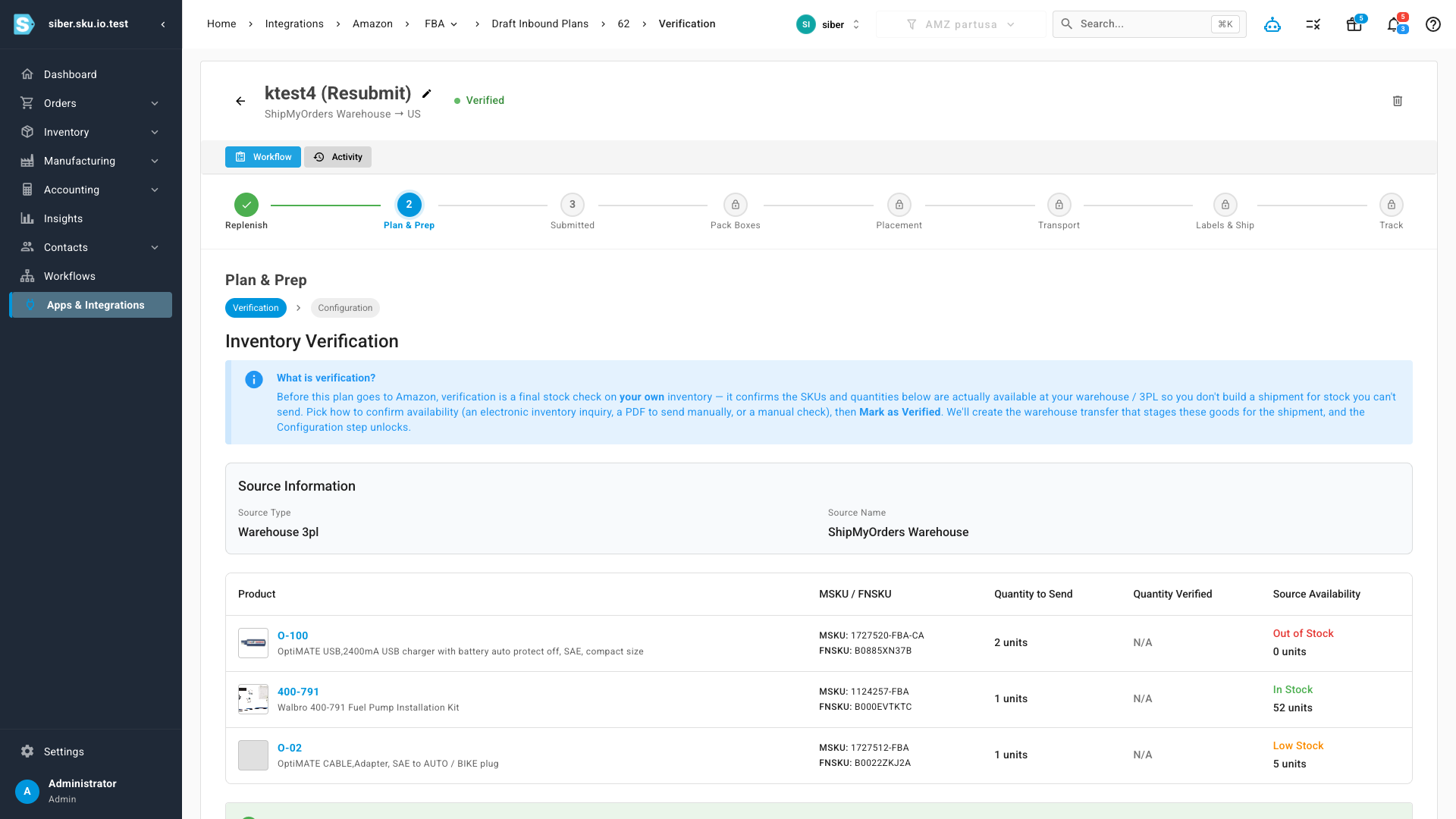FBA inbound workflow stepper with verification of SKUs and quantities against on-hand availability
