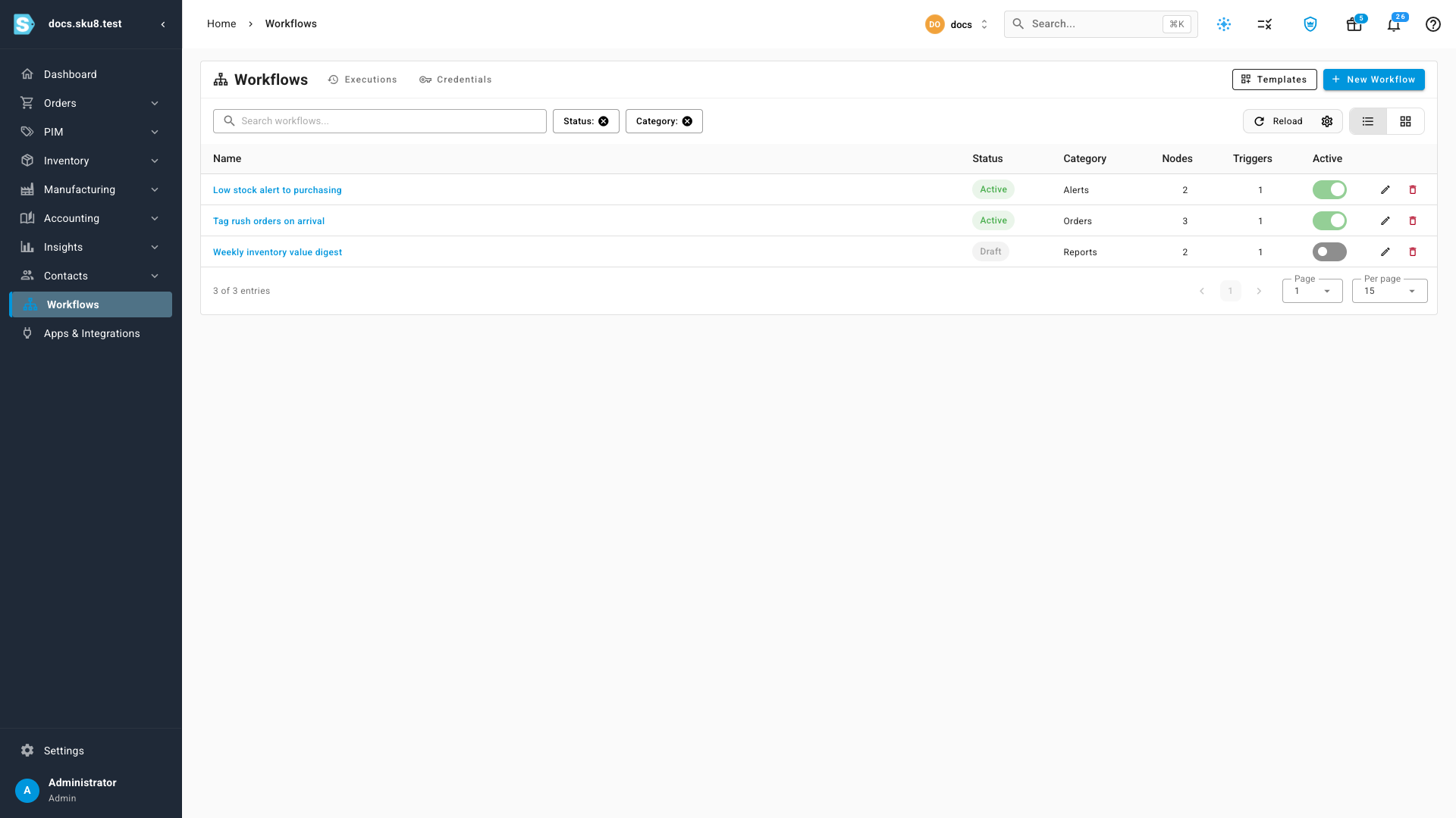 The workflows list with the New Workflow button