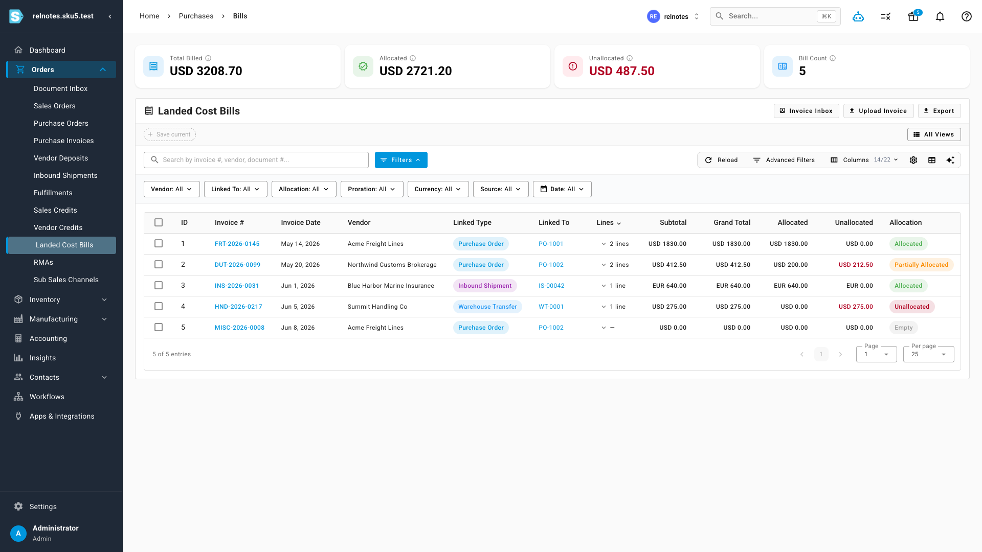 The Landed Cost Bills page with summary cards, filters, and five bills showing different allocation statuses