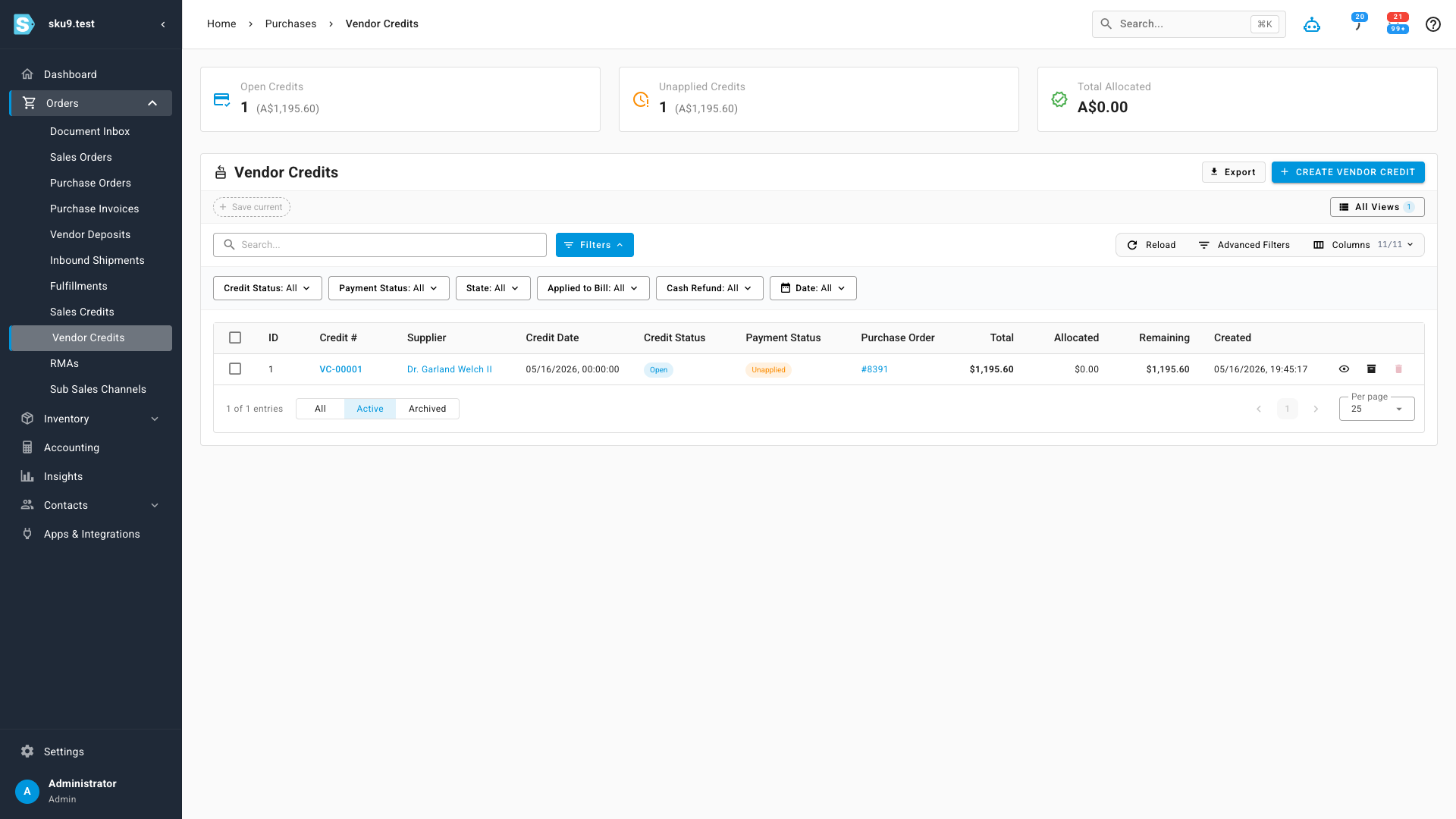 The Vendor Credits list page showing open and unapplied credit totals and a credit row