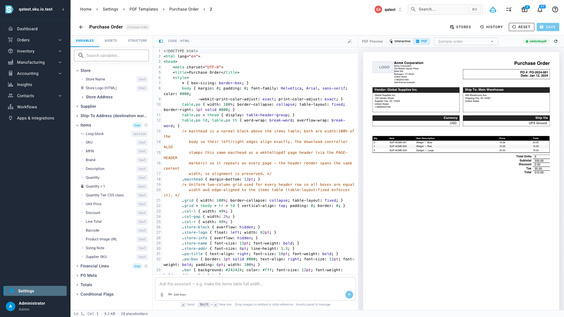The PDF template editor: variables panel, HTML code pane, and a live PDF preview of a purchase order
