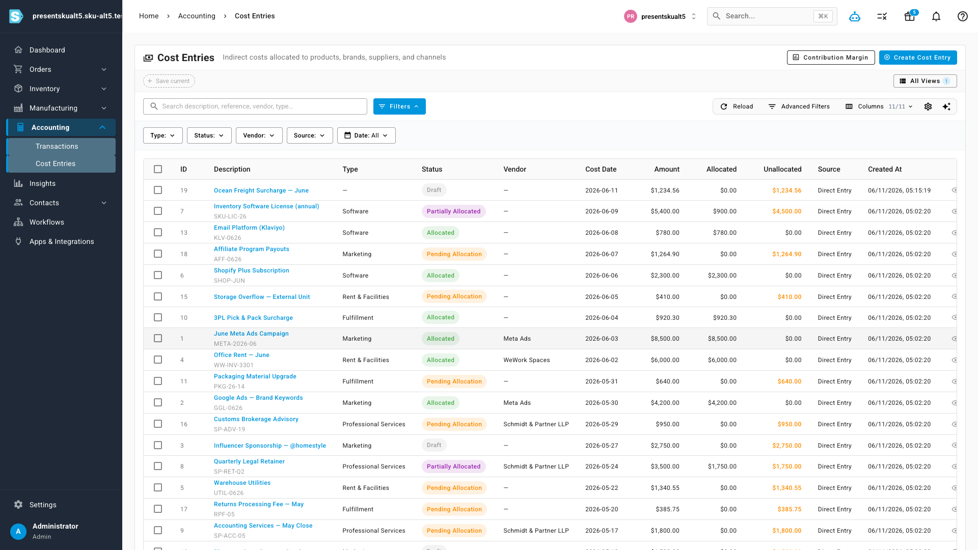 The Cost Entries workspace — indirect costs with status, vendor, allocated and unallocated amounts