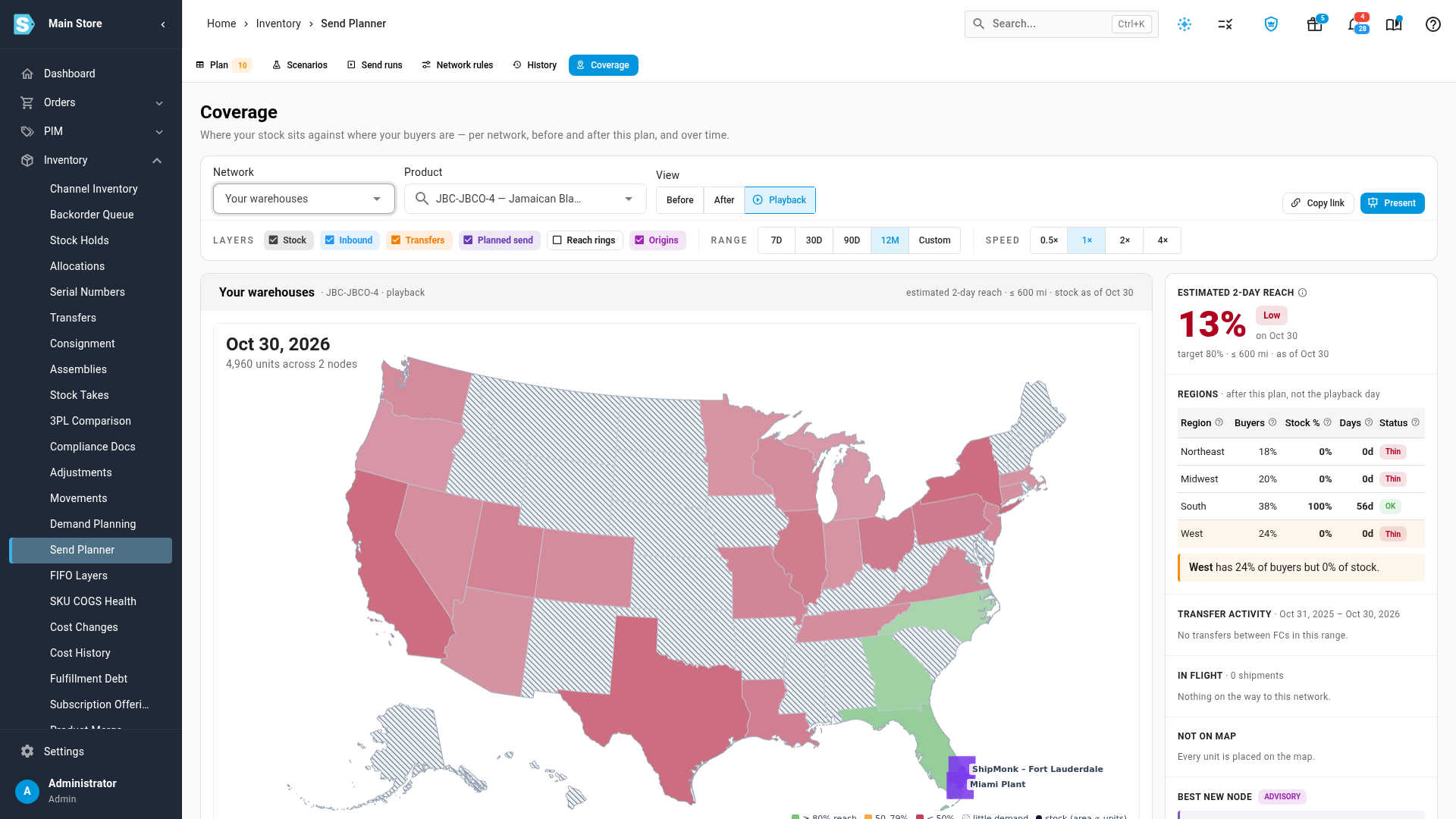 Your warehouses: all stock in Florida, reaching the South but not the West, Midwest or Northeast