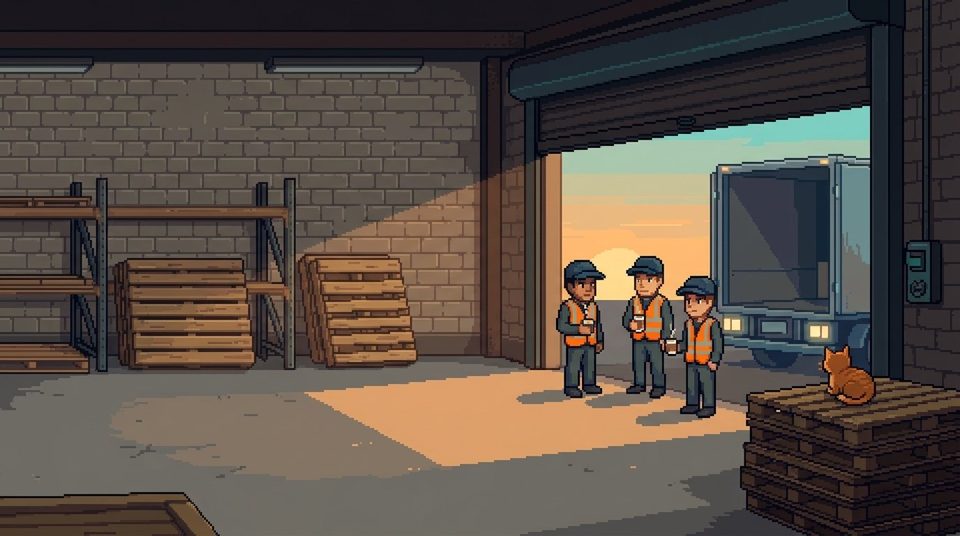 Pixel art: three warehouse workers with coffee at an open loading dock at sunset, a truck backed up to the door and a ginger cat on a stack of pallets