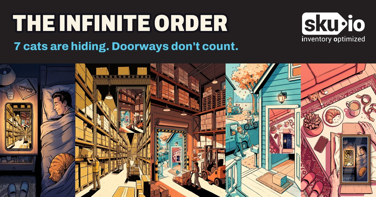 Five comic scenes of one order's journey, from a bedside phone alert to a warehouse, a loading dock, a front porch and an unboxing